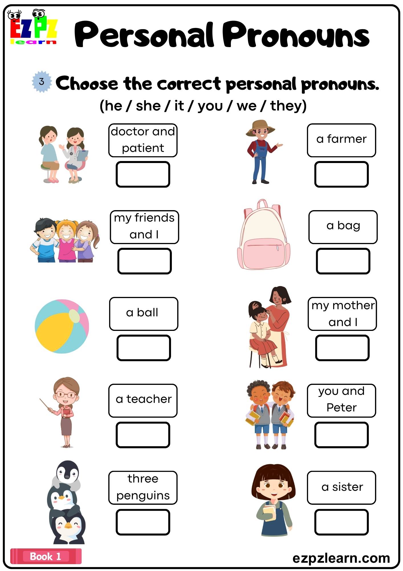 Personal Pronouns Choose the Correct Pronouns Grammar Worksheet Book 1